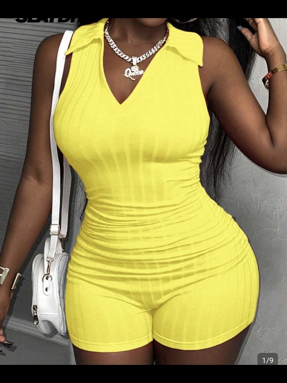 Yellow Sleeveless V-Neck Ribbed Romper
